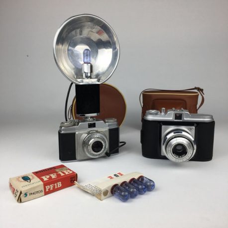 1960's Agfa Silette and Agfa Isola cameras with original flash, bulbs and cases