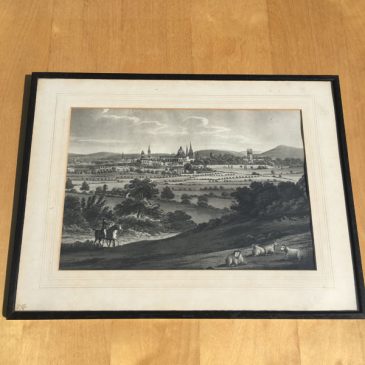 Antique engraving showing Oxford's spires in the distance through fields